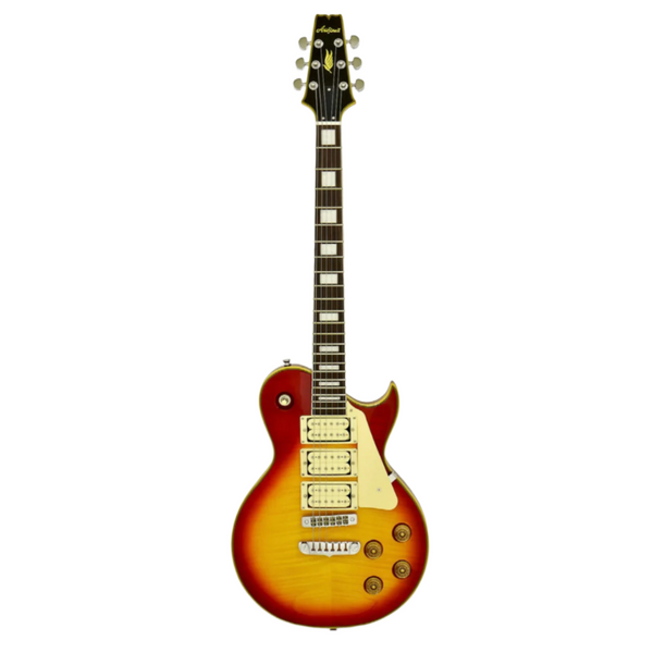 Electric guitar with a sunburst finish on a white background